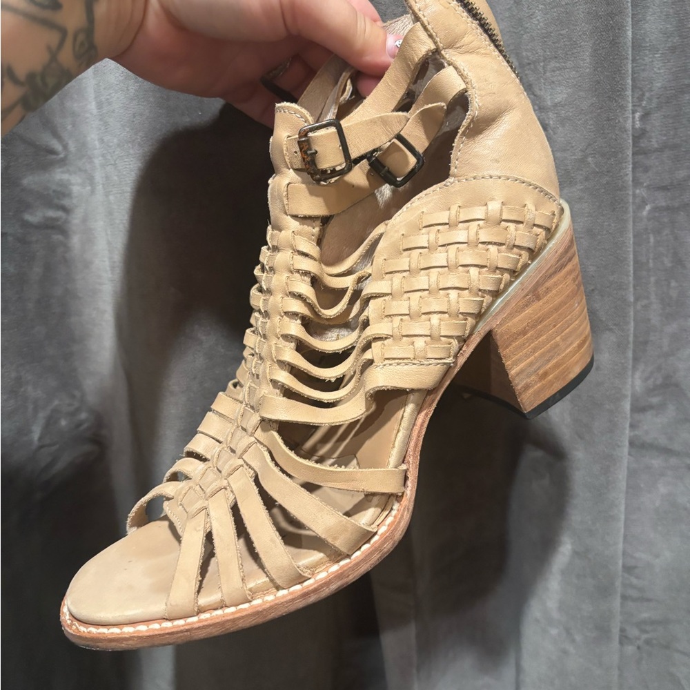 Women's Freebird Leather Tan Woven Heeled Sandals